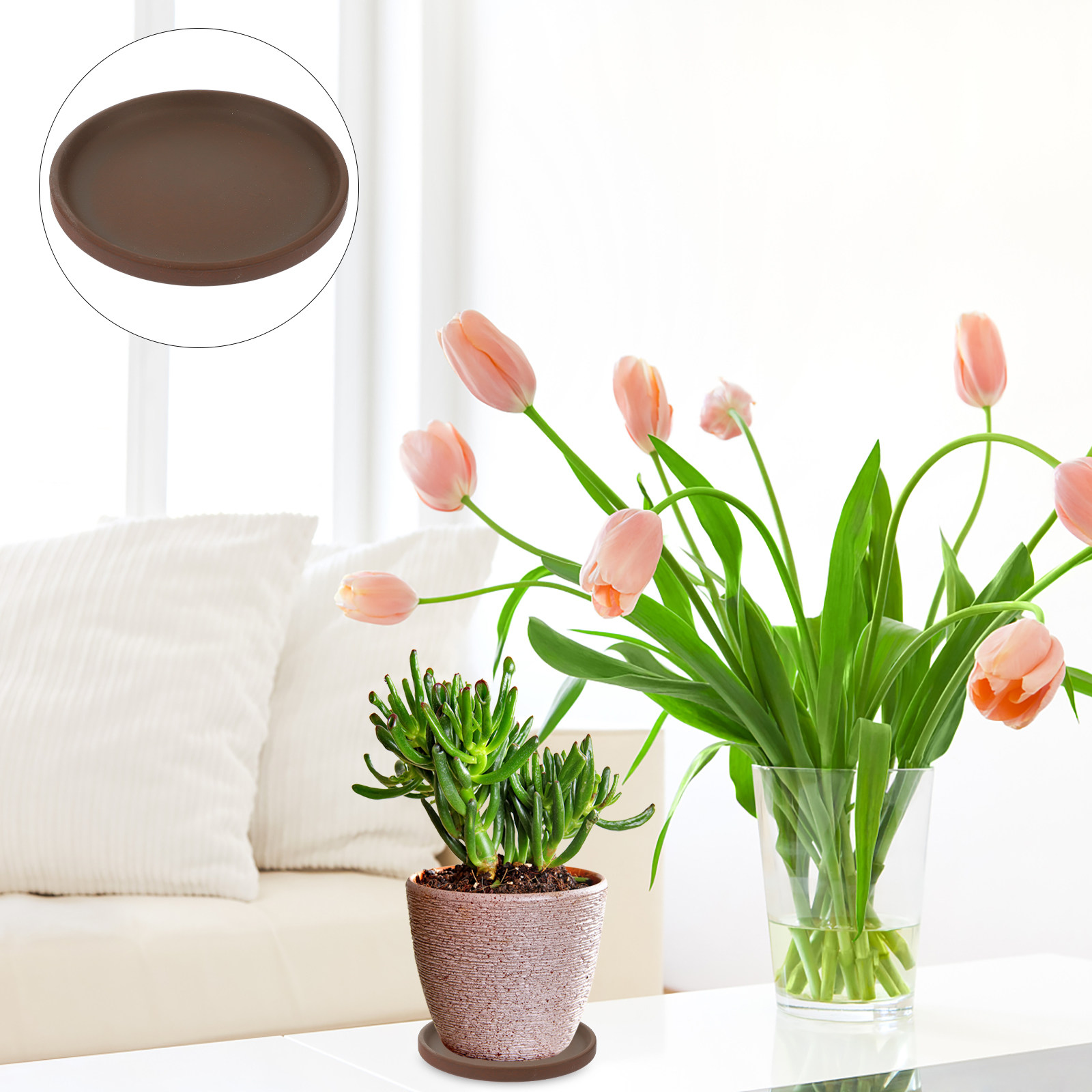 Drip Tray Saucer - ถาดรองกระถางดอกไม้เซรามิก ทรงกลม สำหรับปลูกต้นไม้ในร่มและกลางแจ้ง ถาดรองน้ำหยด ป้องกันน้ำและดินหกเลอะเทอะ สำหรับบอนไซ